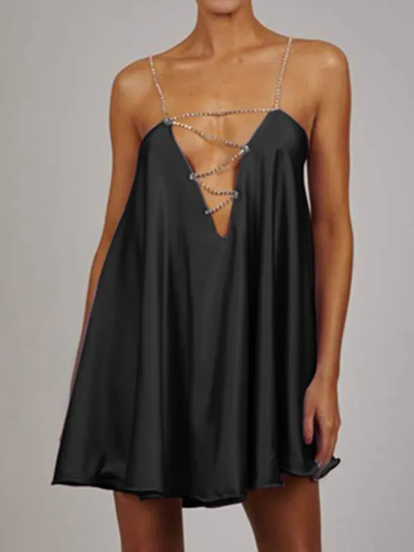 Diamond Chain Strap Mini Dress with Deep V-Neck and Open Back