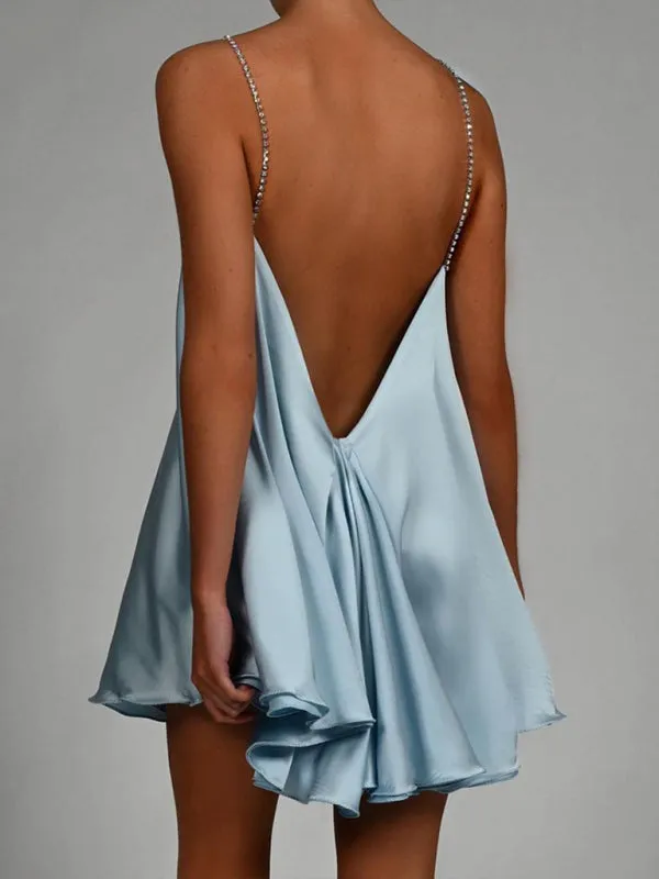 Diamond Chain Strap Mini Dress with Deep V-Neck and Open Back