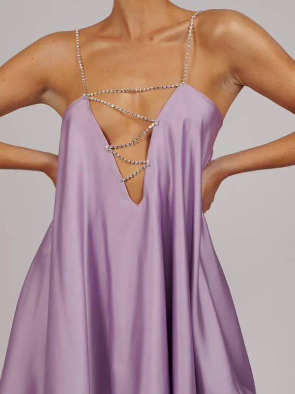 Diamond Chain Strap Mini Dress with Deep V-Neck and Open Back