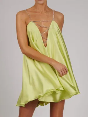 Diamond Chain Strap Mini Dress with Deep V-Neck and Open Back