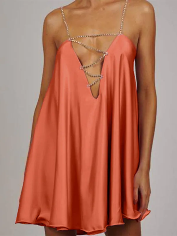 Diamond Chain Strap Mini Dress with Deep V-Neck and Open Back