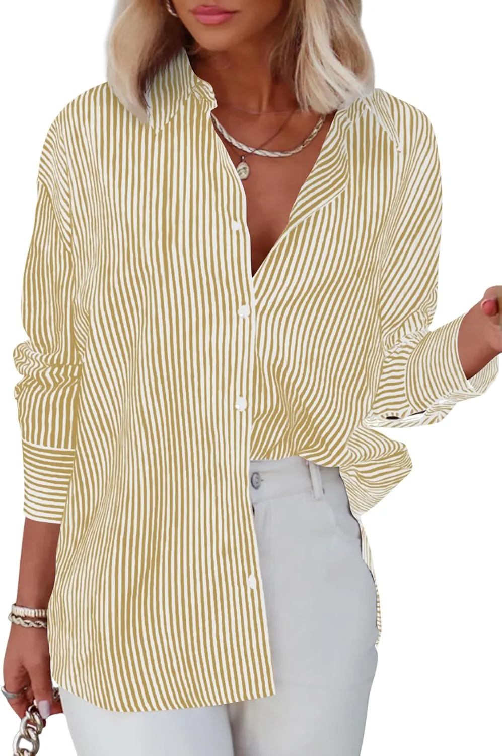 Diosun Womens Striped Button Down Shirts Classic Long Sleeve Stylish Collared Office Work Blouses Tops