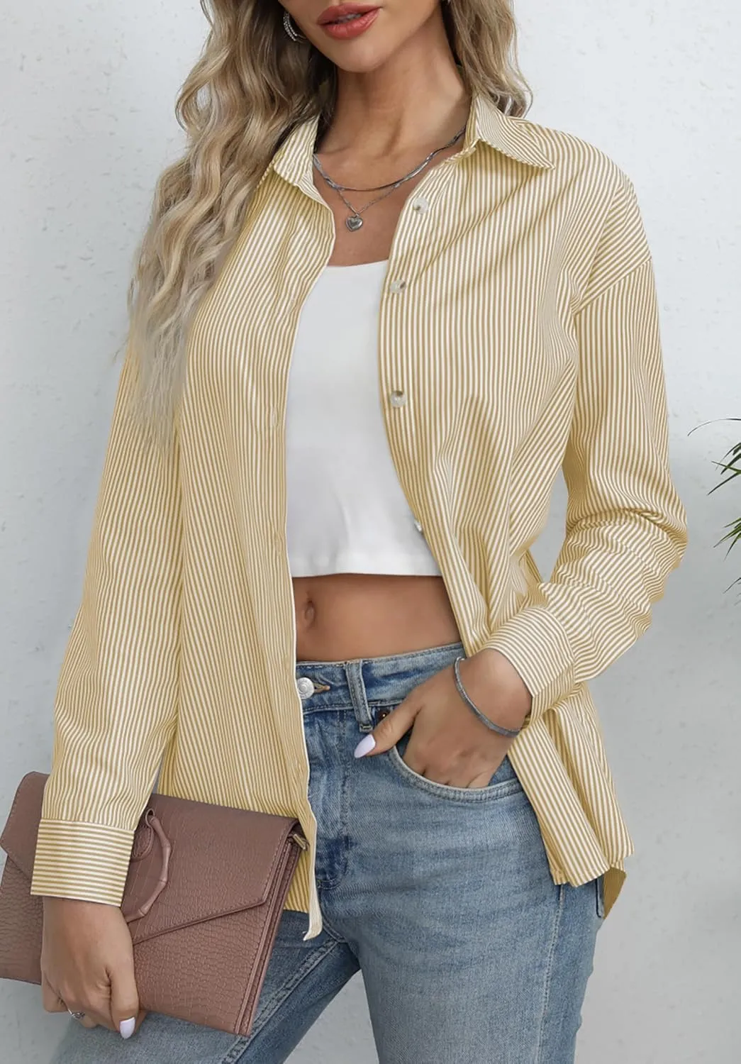 Diosun Womens Striped Button Down Shirts Classic Long Sleeve Stylish Collared Office Work Blouses Tops