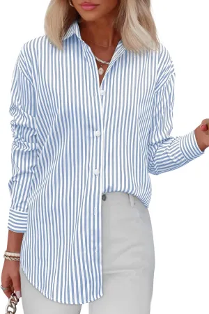 Diosun Womens Striped Button Down Shirts Classic Long Sleeve Stylish Collared Office Work Blouses Tops