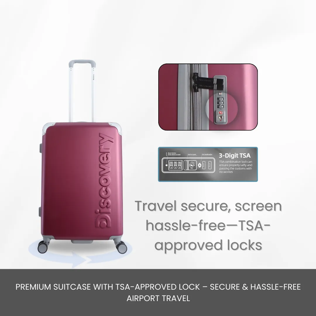 Discovery Focus ABS Hardside Checked Travel Luggage, Durable Lightweight 4 Double Wheel Expandable Trolley Bag, TSA Combination Lock, 24" Suitcase, Check-In Medium Trolley - Purple.