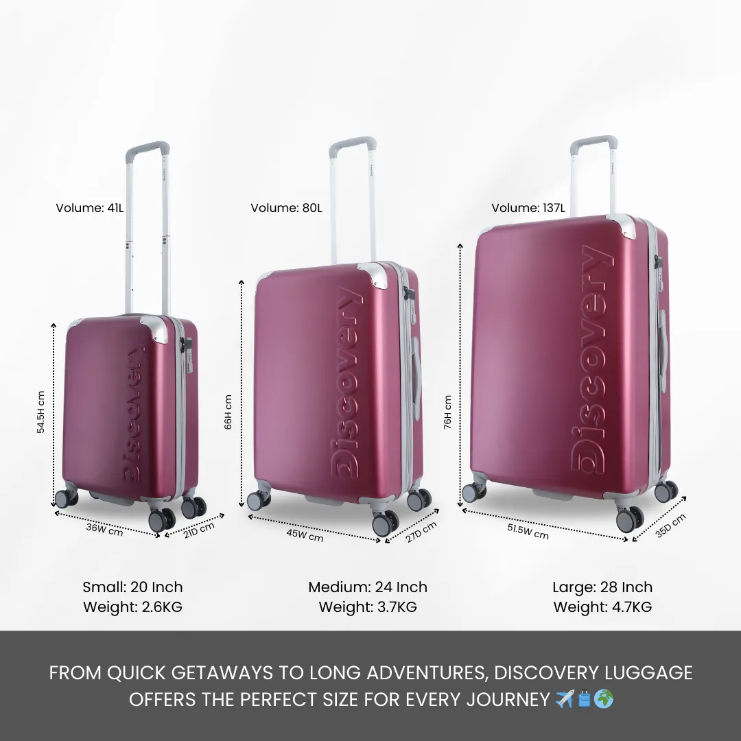 Discovery Focus ABS Hardside Checked Travel Luggage, Durable Lightweight 4 Double Wheel Expandable Trolley Bag, TSA Combination Lock, 24" Suitcase, Check-In Medium Trolley - Purple.