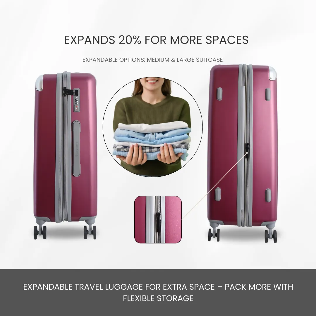Discovery Focus ABS Hardside Checked Travel Luggage, Durable Lightweight 4 Double Wheel Expandable Trolley Bag, TSA Combination Lock, 24" Suitcase, Check-In Medium Trolley - Purple.
