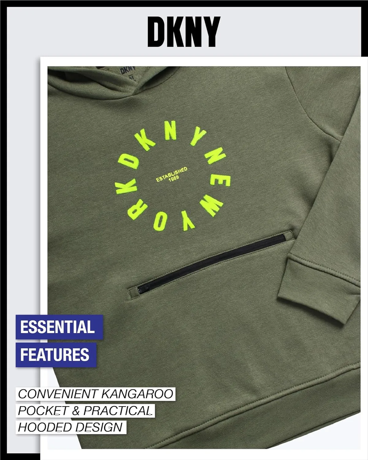 DKNY Boys' Pullover Hoodie - Soft Fleece Stylish Logo Graphic Hooded Sweatshirt with Kangaroo Pocket (Sizes: 8-20)