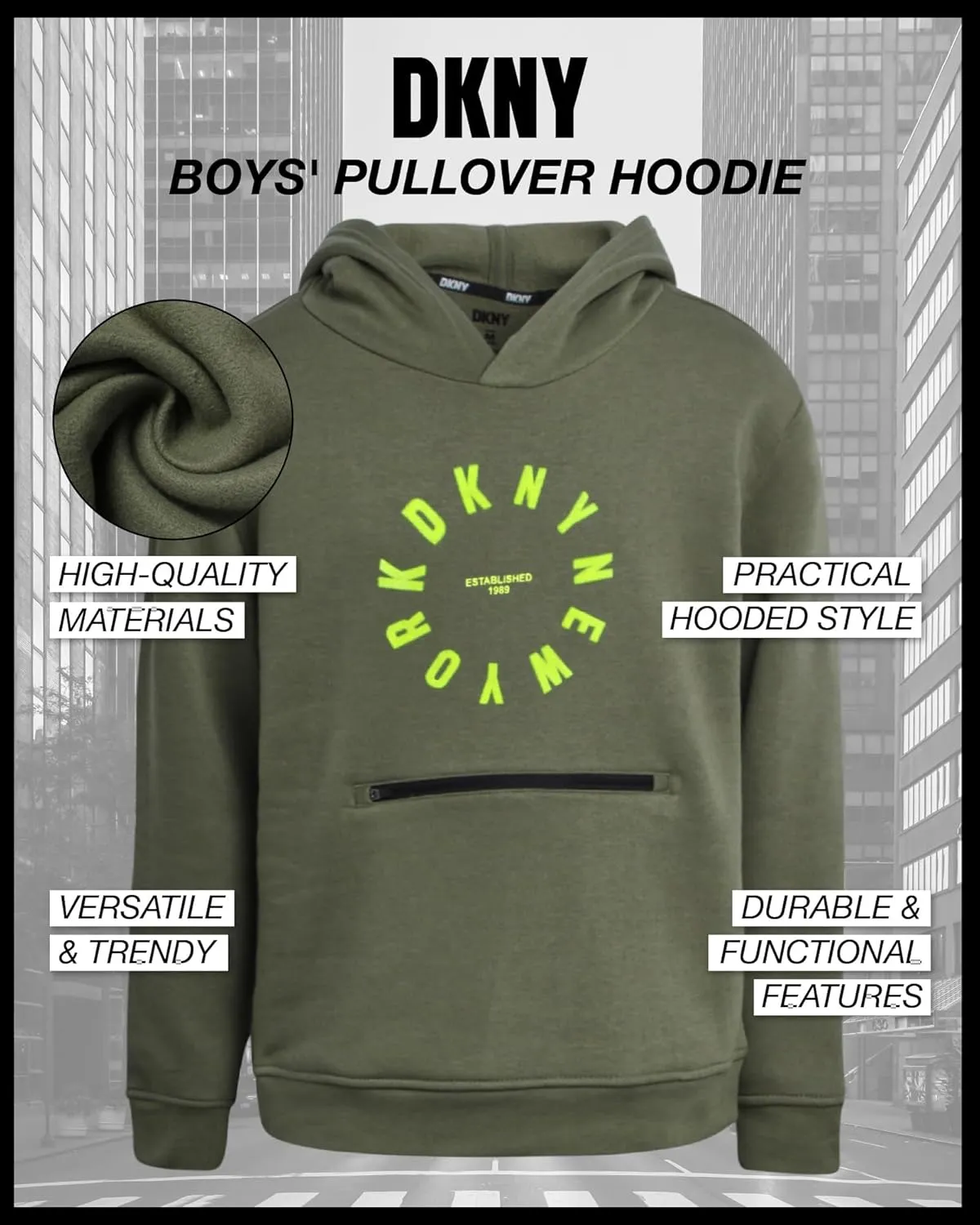 DKNY Boys' Pullover Hoodie - Soft Fleece Stylish Logo Graphic Hooded Sweatshirt with Kangaroo Pocket (Sizes: 8-20)