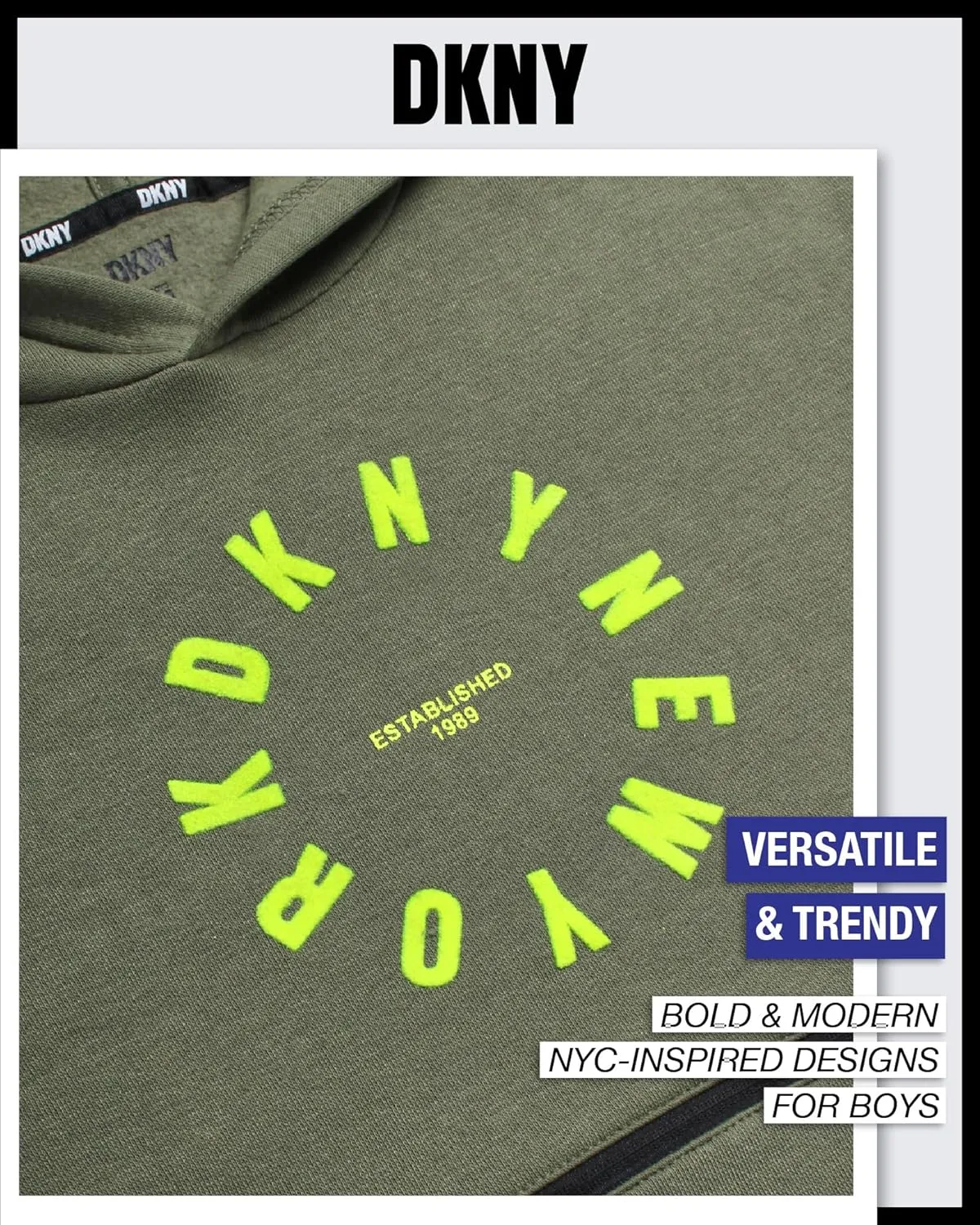 DKNY Boys' Pullover Hoodie - Soft Fleece Stylish Logo Graphic Hooded Sweatshirt with Kangaroo Pocket (Sizes: 8-20)
