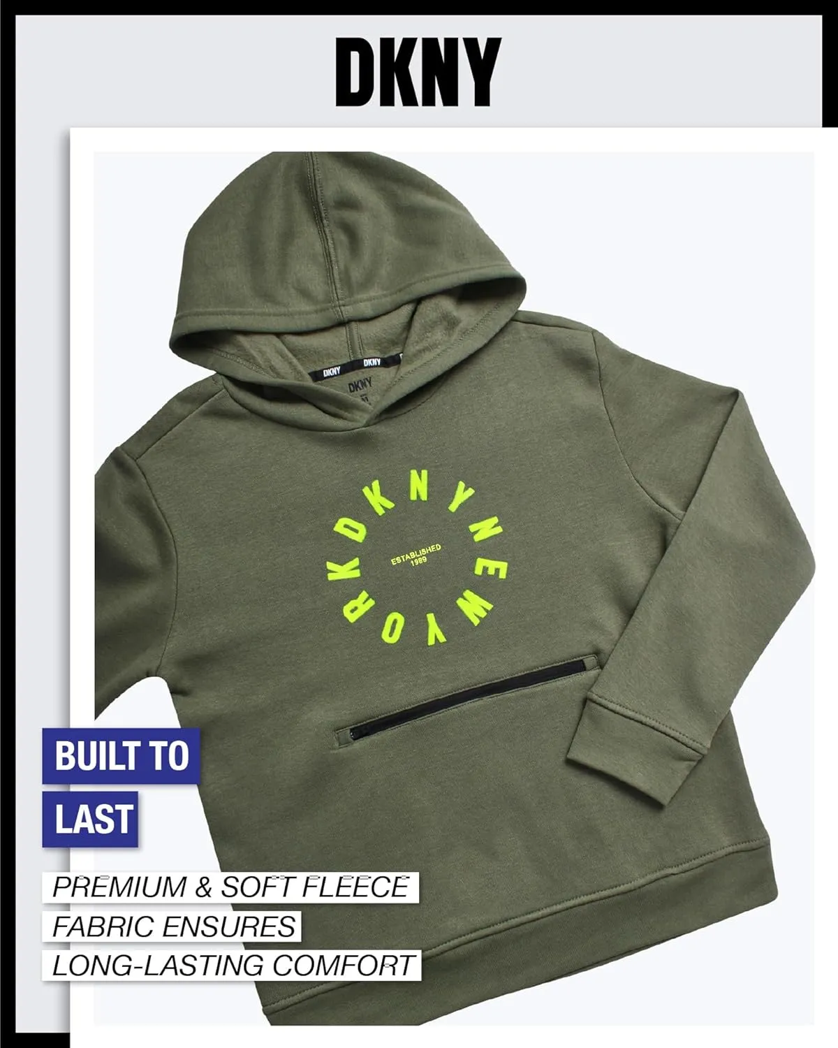 DKNY Boys' Pullover Hoodie - Soft Fleece Stylish Logo Graphic Hooded Sweatshirt with Kangaroo Pocket (Sizes: 8-20)