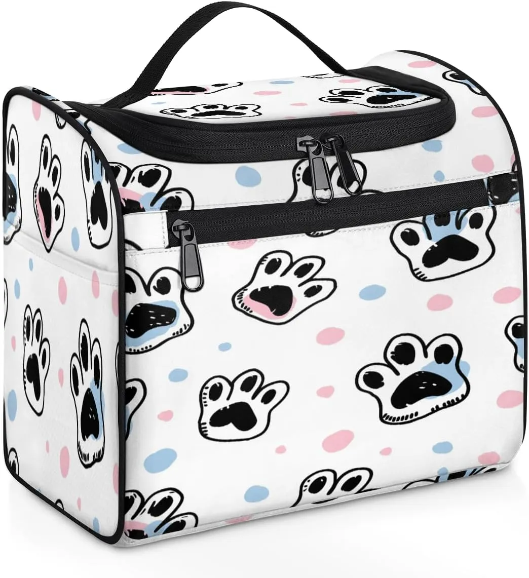Dog Paw Print Travel Toiletry Bag for Women Large Capacity Wide-open Makeup Organizer Cosmetic Travel Bags for Toiletries