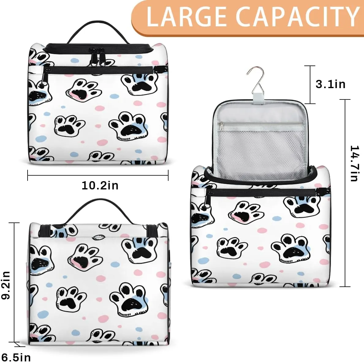 Dog Paw Print Travel Toiletry Bag for Women Large Capacity Wide-open Makeup Organizer Cosmetic Travel Bags for Toiletries