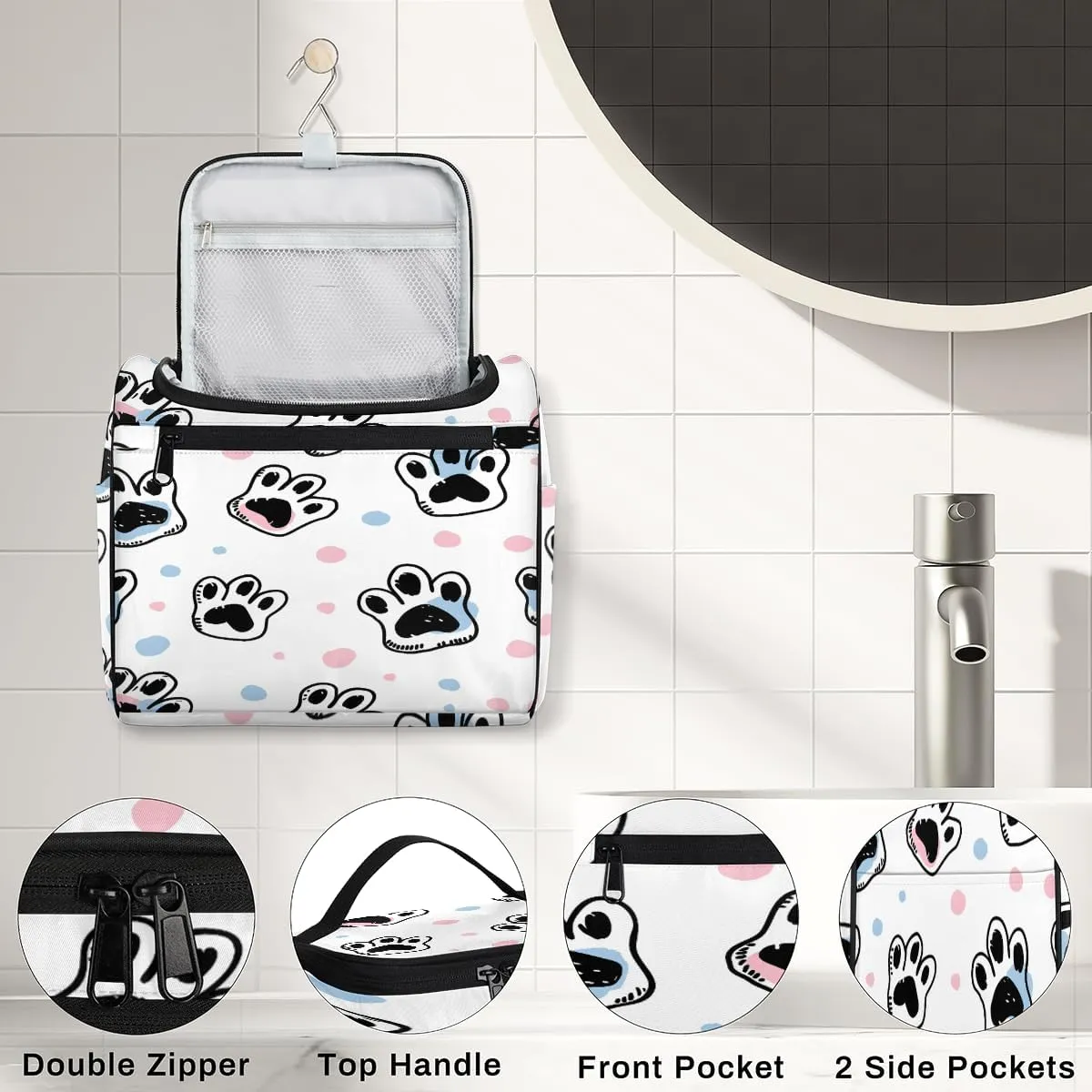 Dog Paw Print Travel Toiletry Bag for Women Large Capacity Wide-open Makeup Organizer Cosmetic Travel Bags for Toiletries