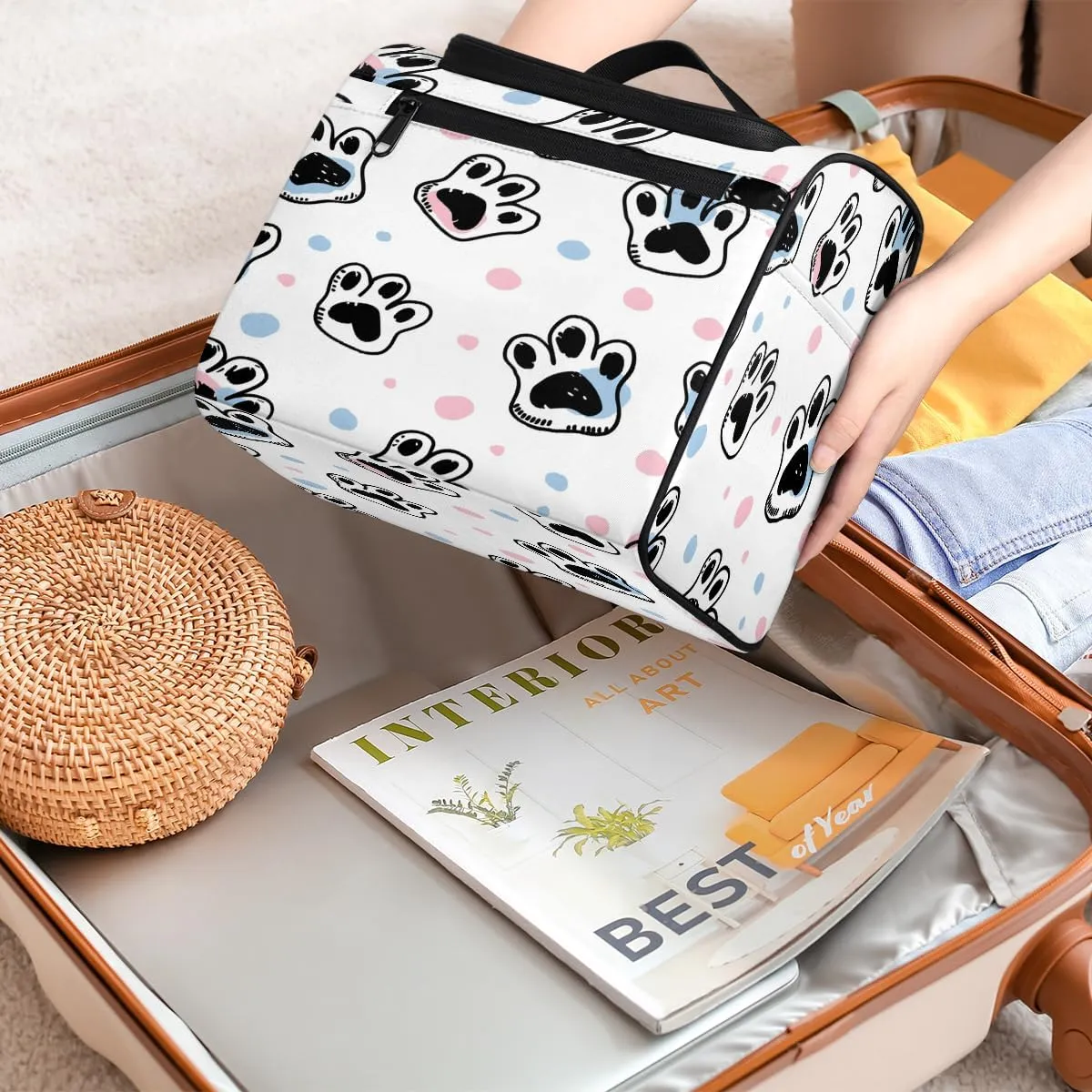 Dog Paw Print Travel Toiletry Bag for Women Large Capacity Wide-open Makeup Organizer Cosmetic Travel Bags for Toiletries