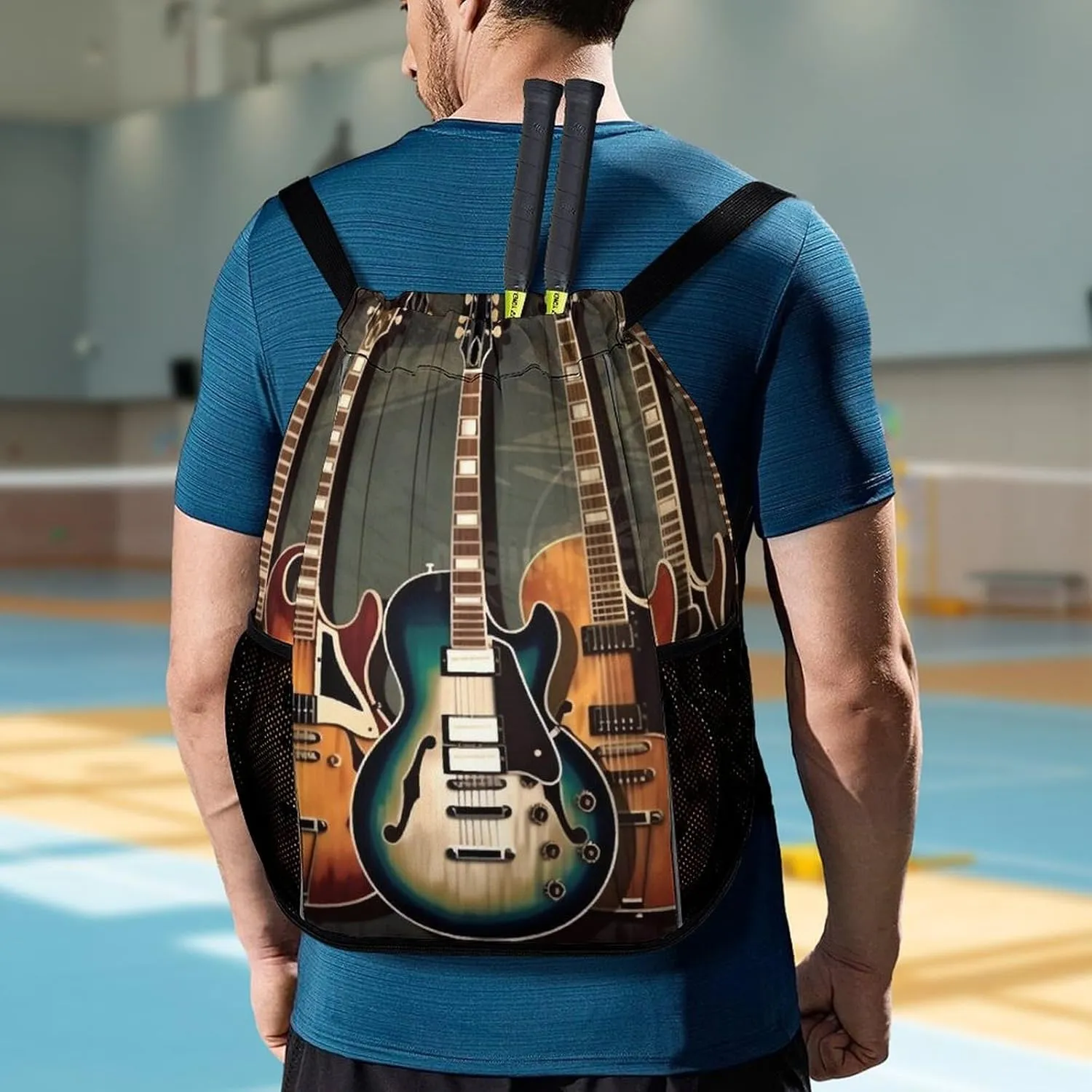 Drawstring Backpack Sports Gym Bag with Zipper Guitars Art Waterproof Sackpack Large String Bag for Yoga Beach