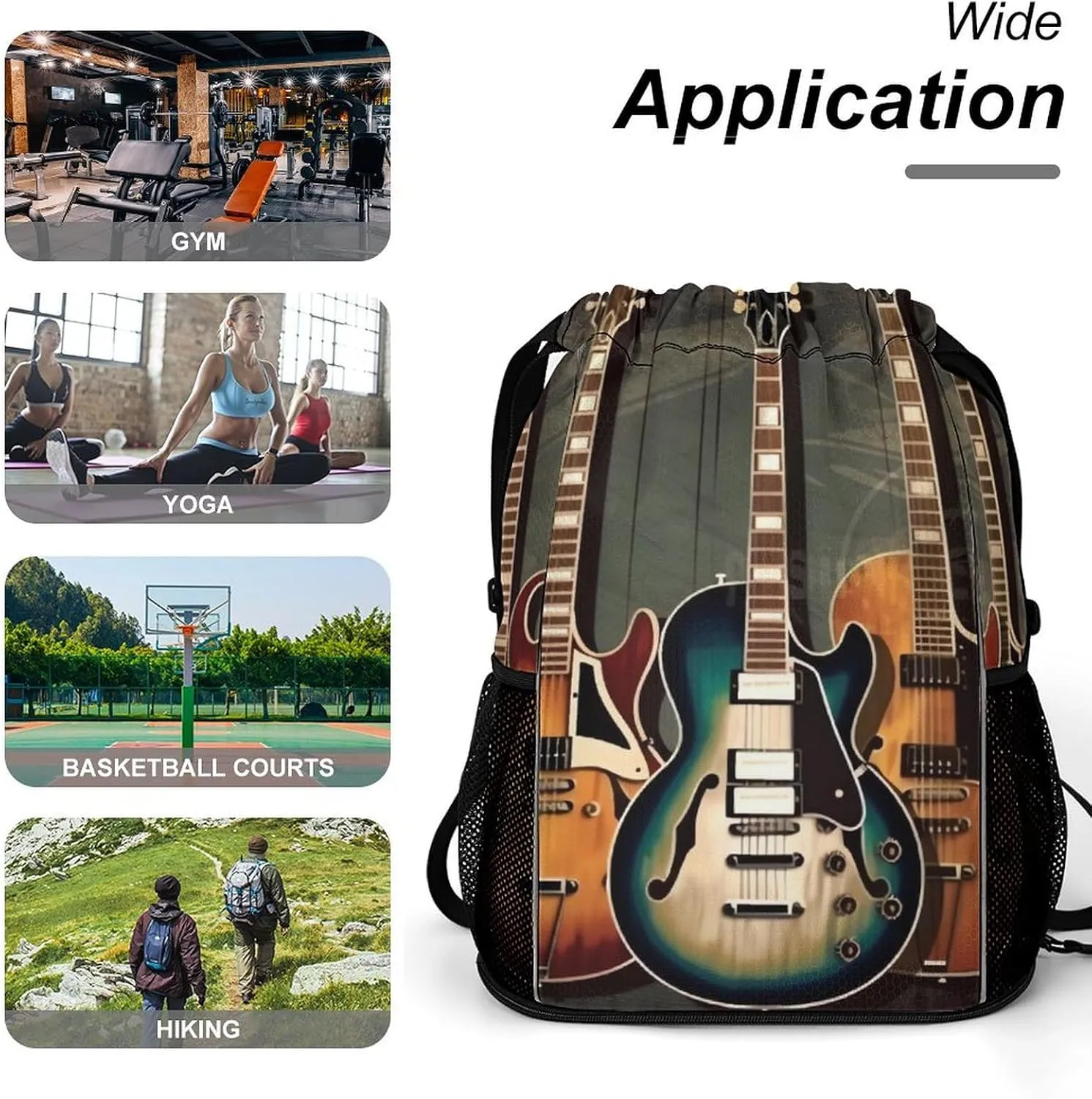 Drawstring Backpack Sports Gym Bag with Zipper Guitars Art Waterproof Sackpack Large String Bag for Yoga Beach