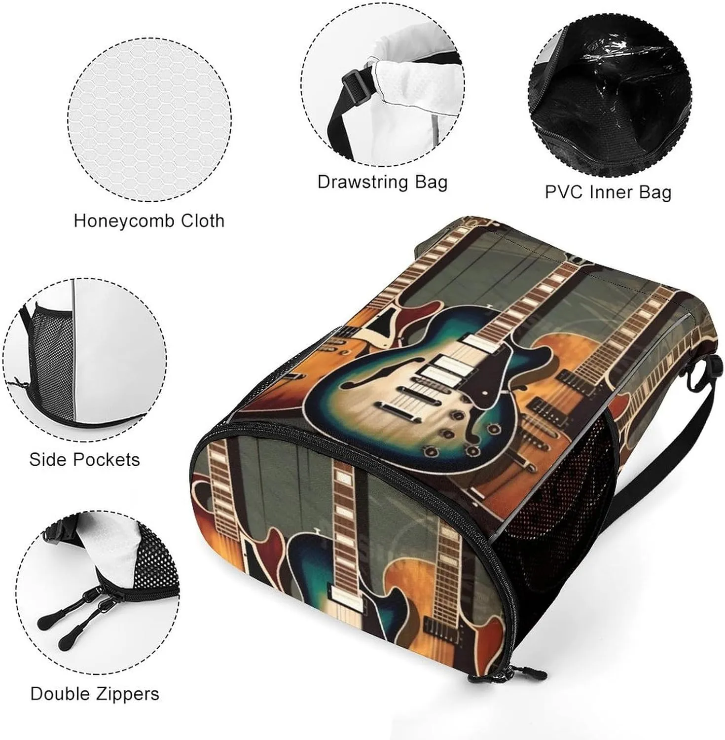 Drawstring Backpack Sports Gym Bag with Zipper Guitars Art Waterproof Sackpack Large String Bag for Yoga Beach