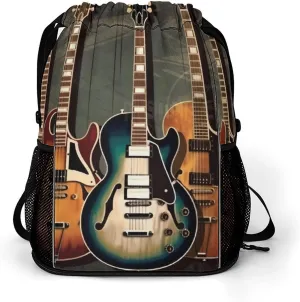 Drawstring Backpack Sports Gym Bag with Zipper Guitars Art Waterproof Sackpack Large String Bag for Yoga Beach
