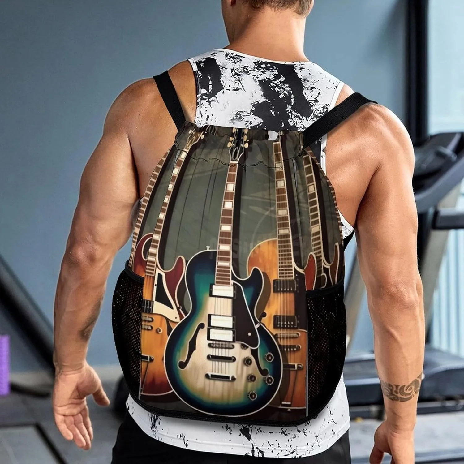 Drawstring Backpack Sports Gym Bag with Zipper Guitars Art Waterproof Sackpack Large String Bag for Yoga Beach