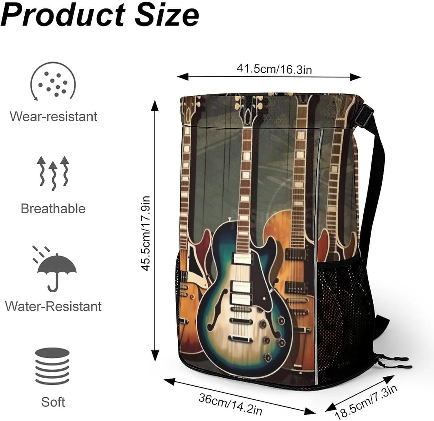 Drawstring Backpack Sports Gym Bag with Zipper Guitars Art Waterproof Sackpack Large String Bag for Yoga Beach