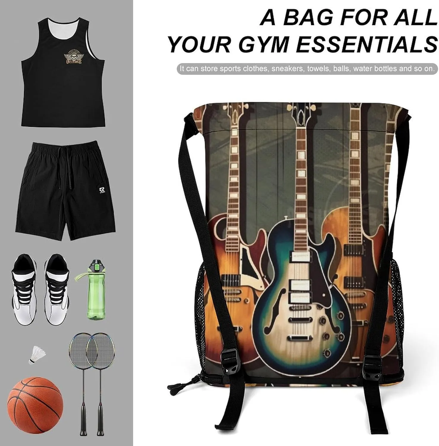 Drawstring Backpack Sports Gym Bag with Zipper Guitars Art Waterproof Sackpack Large String Bag for Yoga Beach
