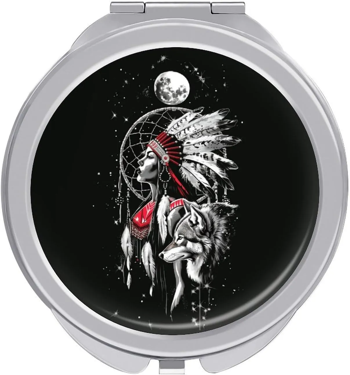 Dreamcatcher Wolf Moon Woman Compact Mirror Pocket Mirror Small Mirror for Purse Portable Mini Travel Makeup Mirror Folding Handheld Double-Sided Magnifying Compact Mirror for Women Gift
