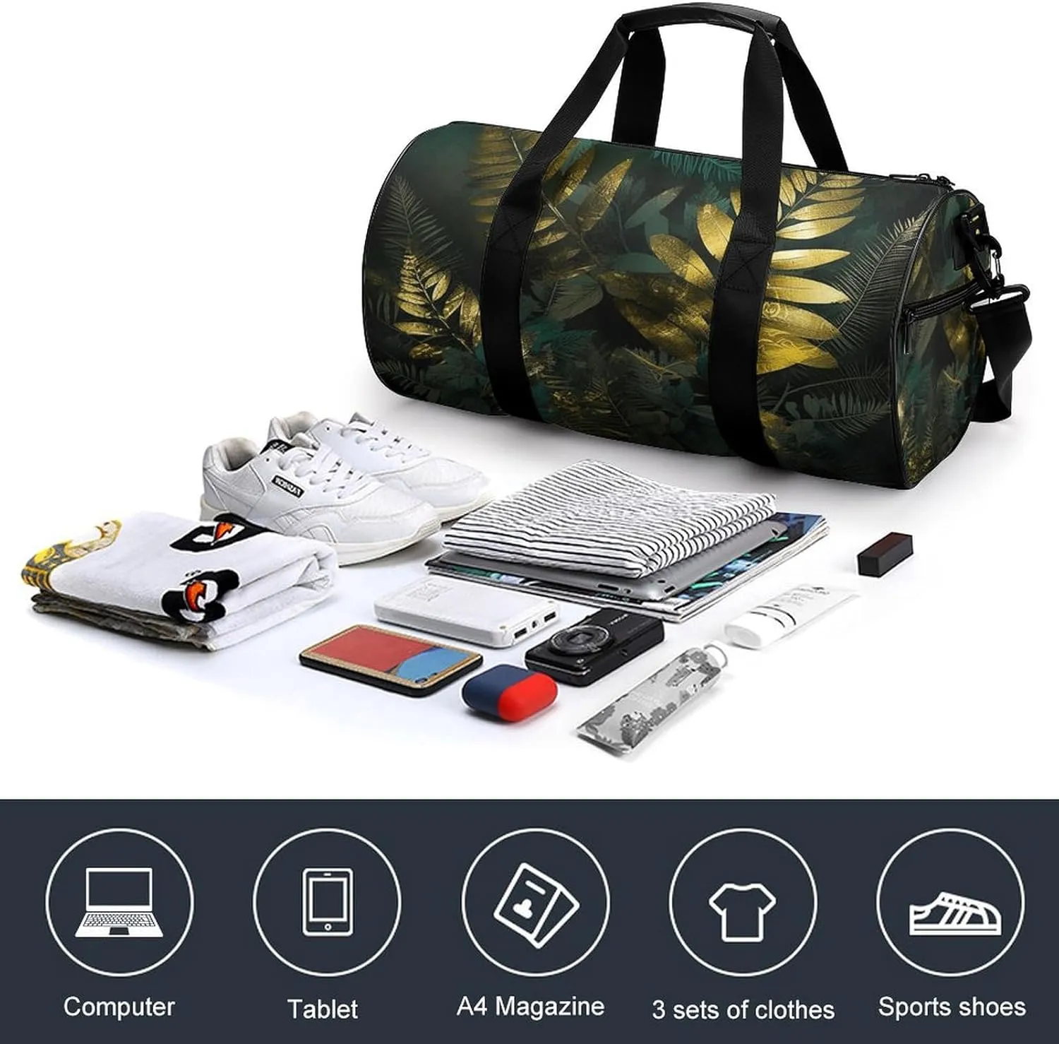 Duffel Bag for Men Women Gym Bag Golden Decorative Pattern Travel Duffel Bag Waterproof Overnight Bag for Sports Workout