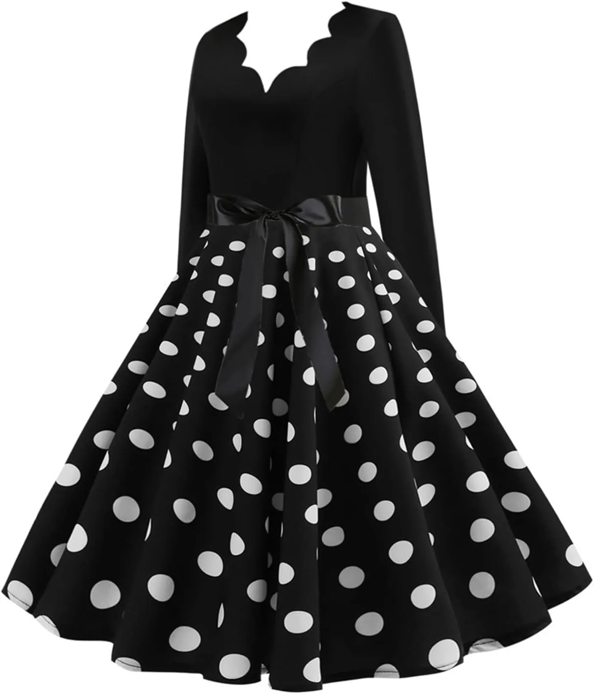 EFOFEI Women's Hepburn Polka Dots Dress Long Sleeve Knee-Length Dress Cocktail Party Evening Dress