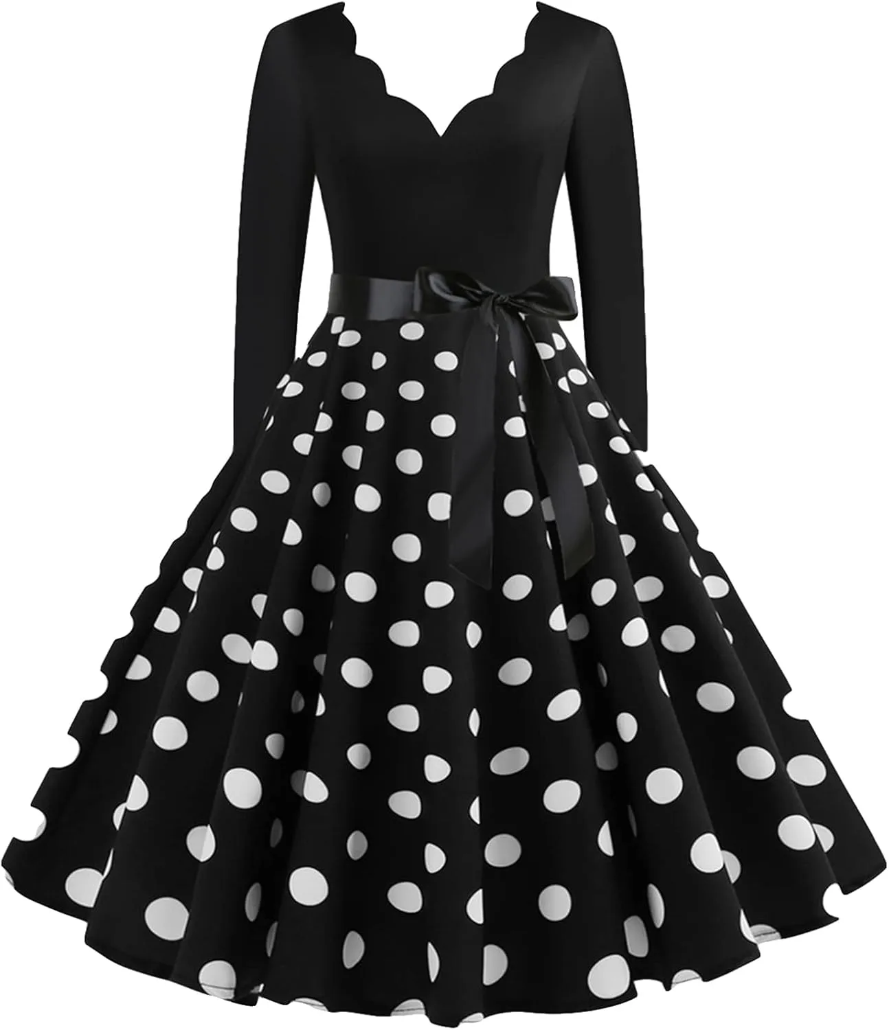 EFOFEI Women's Hepburn Polka Dots Dress Long Sleeve Knee-Length Dress Cocktail Party Evening Dress