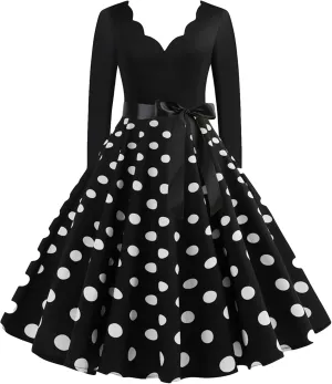 EFOFEI Women's Hepburn Polka Dots Dress Long Sleeve Knee-Length Dress Cocktail Party Evening Dress