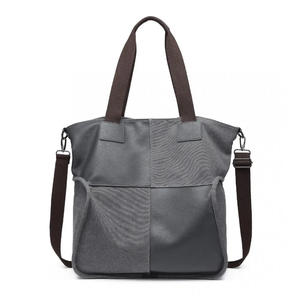 Eh2221 - Kono Paneled Contrast Large Capacity Canvas Shoulder Bag - Grey