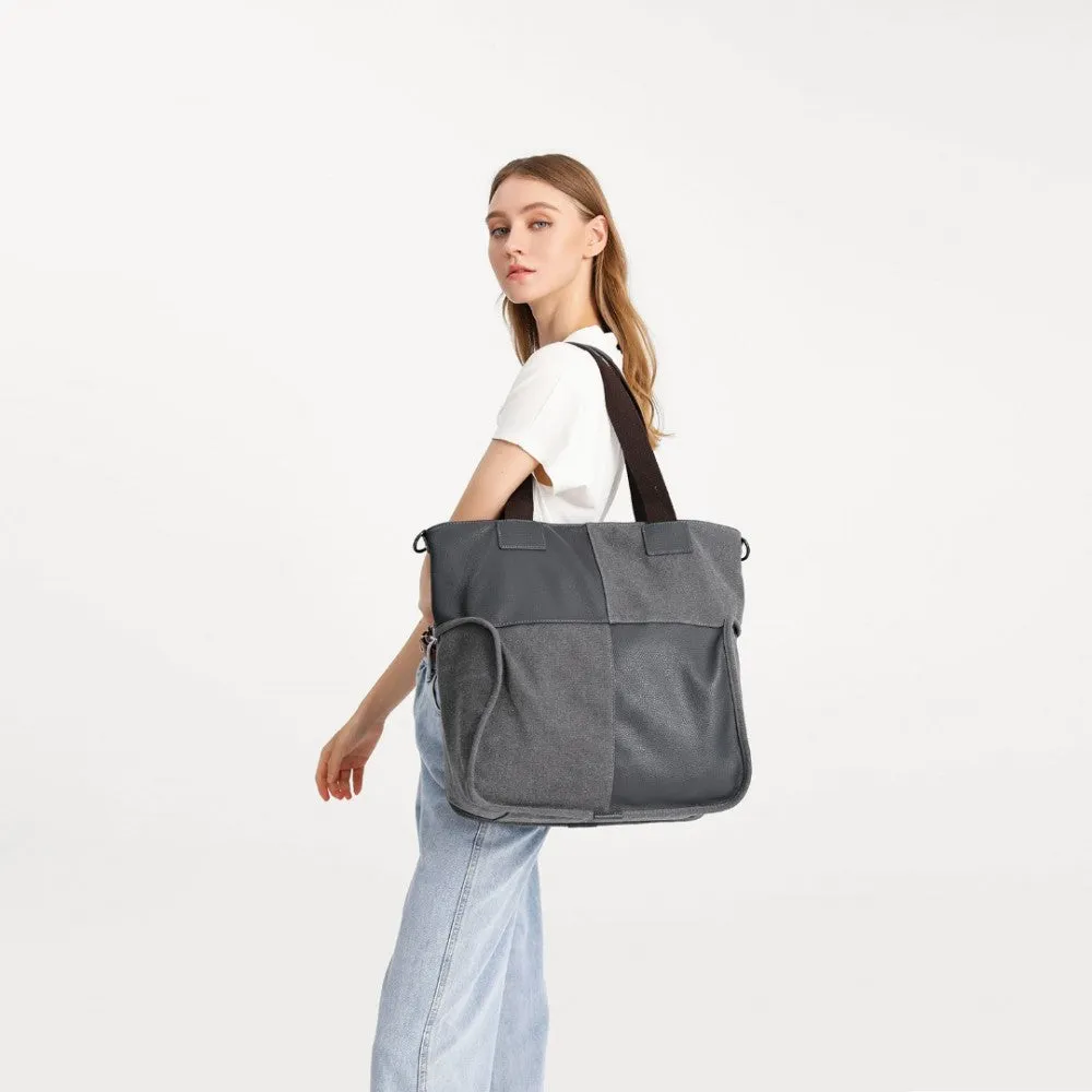 Eh2221 - Kono Paneled Contrast Large Capacity Canvas Shoulder Bag - Grey