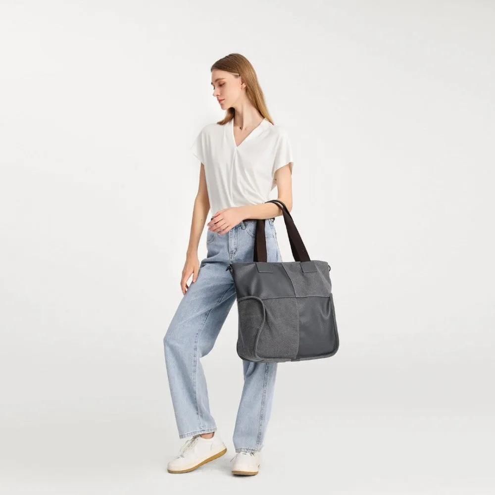 Eh2221 - Kono Paneled Contrast Large Capacity Canvas Shoulder Bag - Grey
