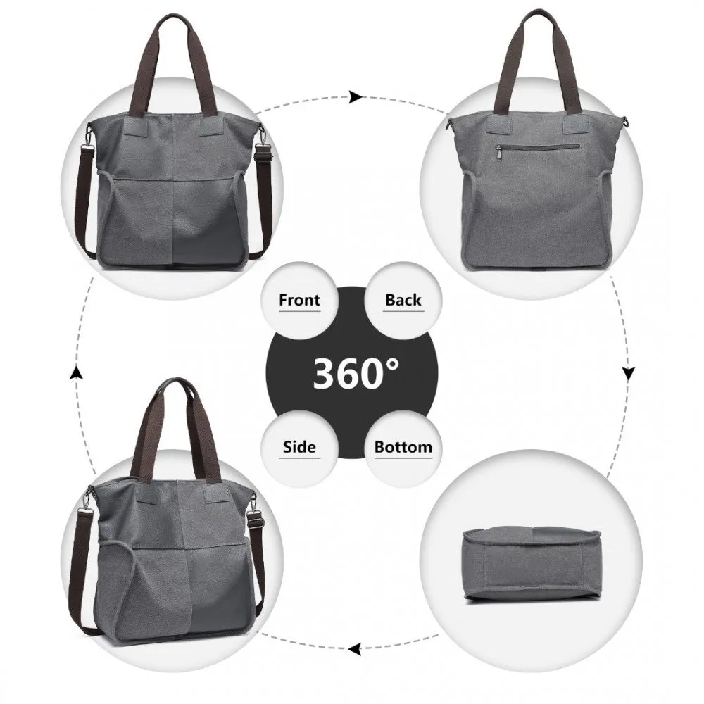 Eh2221 - Kono Paneled Contrast Large Capacity Canvas Shoulder Bag - Grey
