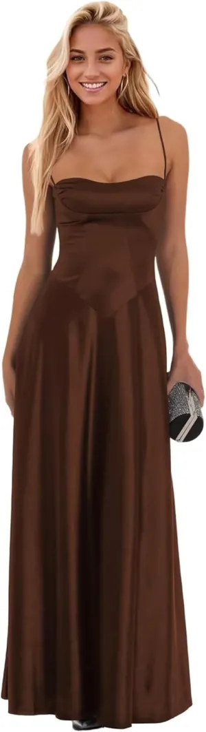 Elmiansly Spaghetti Straps Long Prom Dresses A Line Strapless Satin Formal Evening Party Gowns