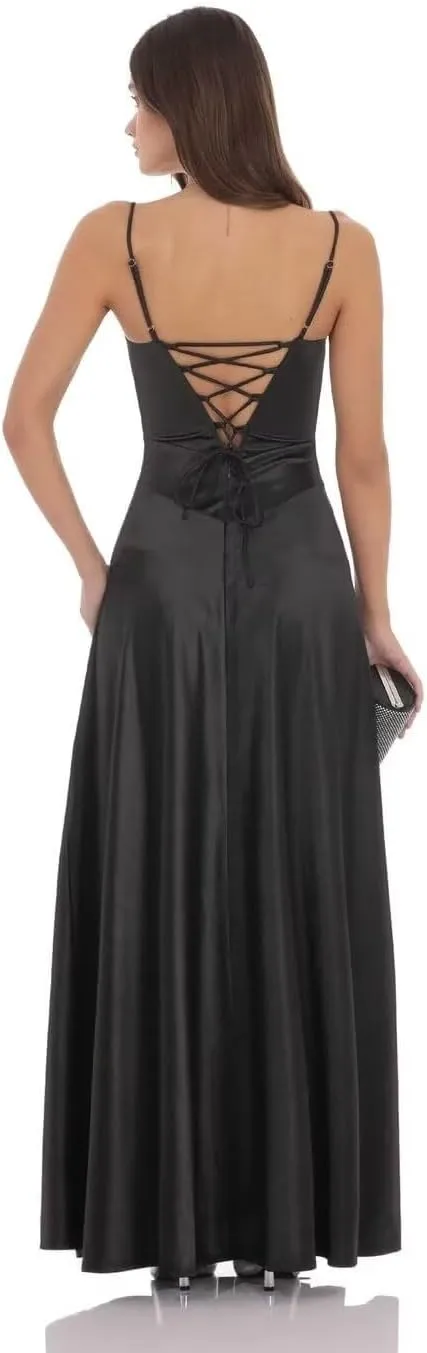 Elmiansly Spaghetti Straps Long Prom Dresses A Line Strapless Satin Formal Evening Party Gowns