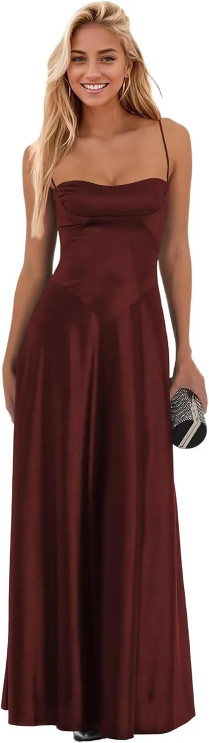 Elmiansly Spaghetti Straps Long Prom Dresses A Line Strapless Satin Formal Evening Party Gowns