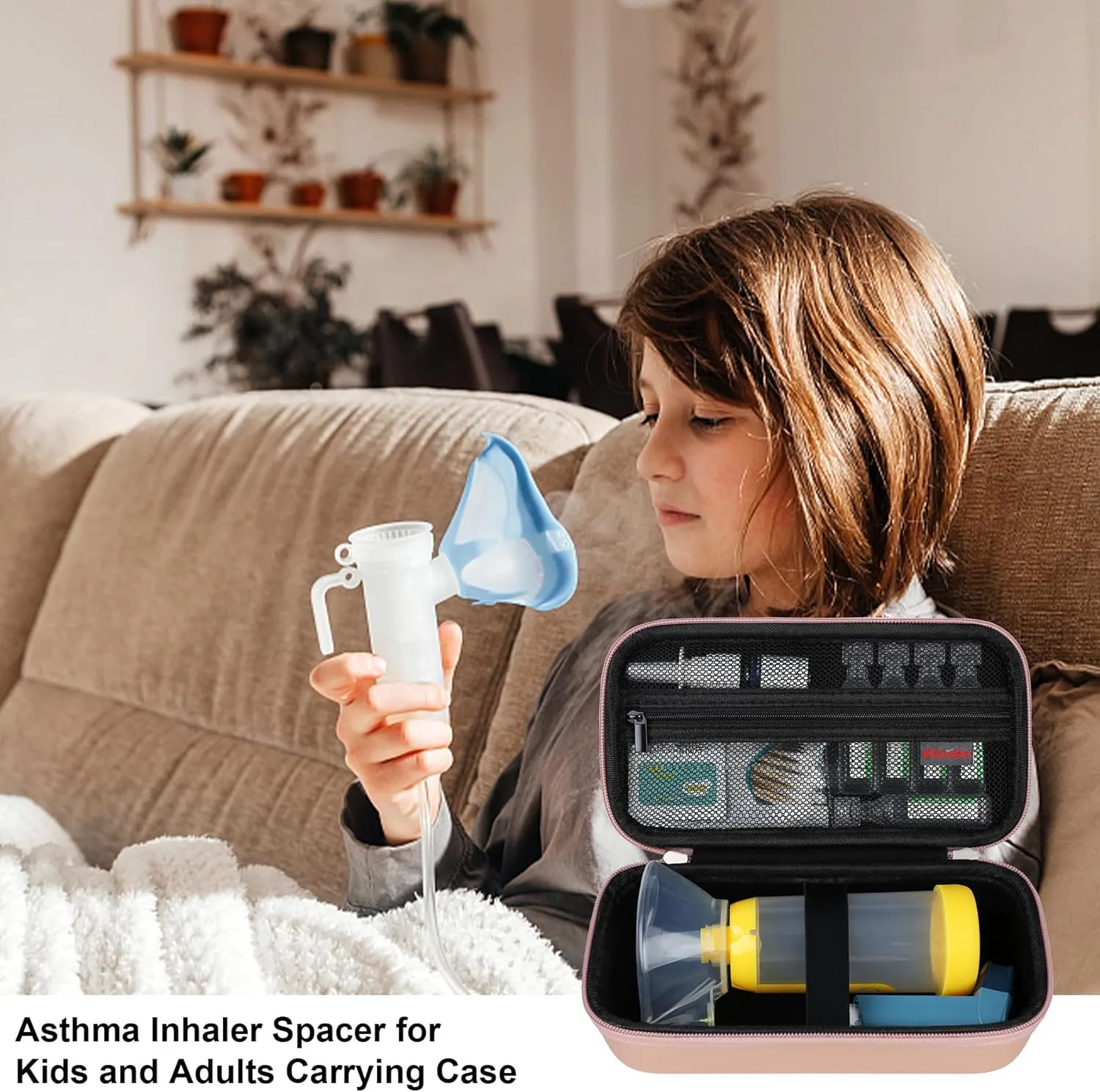 Elonbo Carrying Case ​for Asthma Inhaler, Inhaler Spacer for Kids and Adults, Masks, Inhaler Holder Asthma Travel Organize Bag, Pocket Fits Allergy Meds, Ventolin Inhaler, Rose Gold (Case Only)