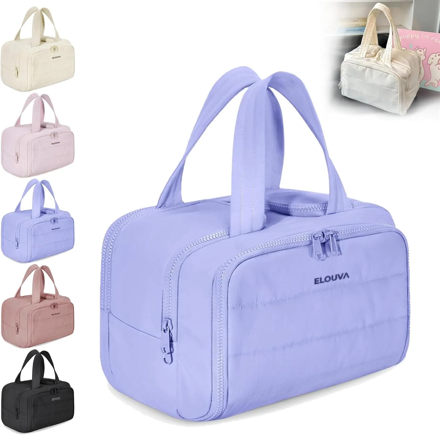 Elouva Toiletry Bag, Elouva Large Capacity Travel Cosmetic Bag, 4-In-1 Puffy Multi-Functional Toiletry Bags, Portable Waterproof Open Flat Organizer Bags, Can be taken on board (Light purple)