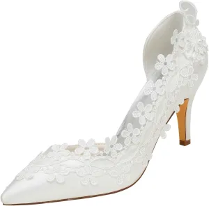 Emily Bridal Ivory Wedding Shoes High Heel Pointed Toe Flowers Beaded Bridal Pumps