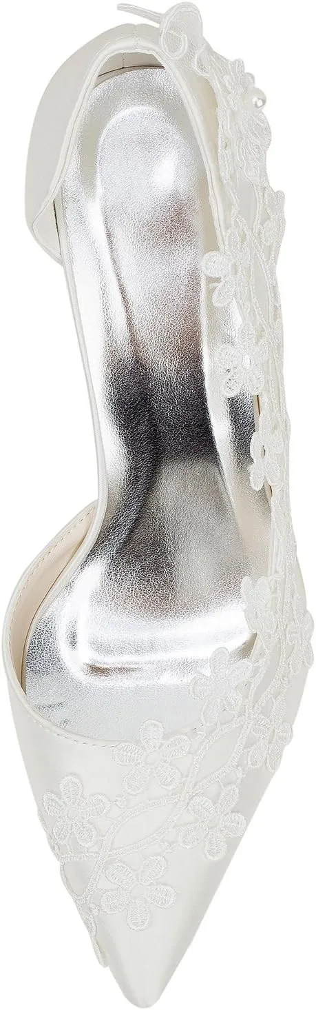 Emily Bridal Ivory Wedding Shoes High Heel Pointed Toe Flowers Beaded Bridal Pumps