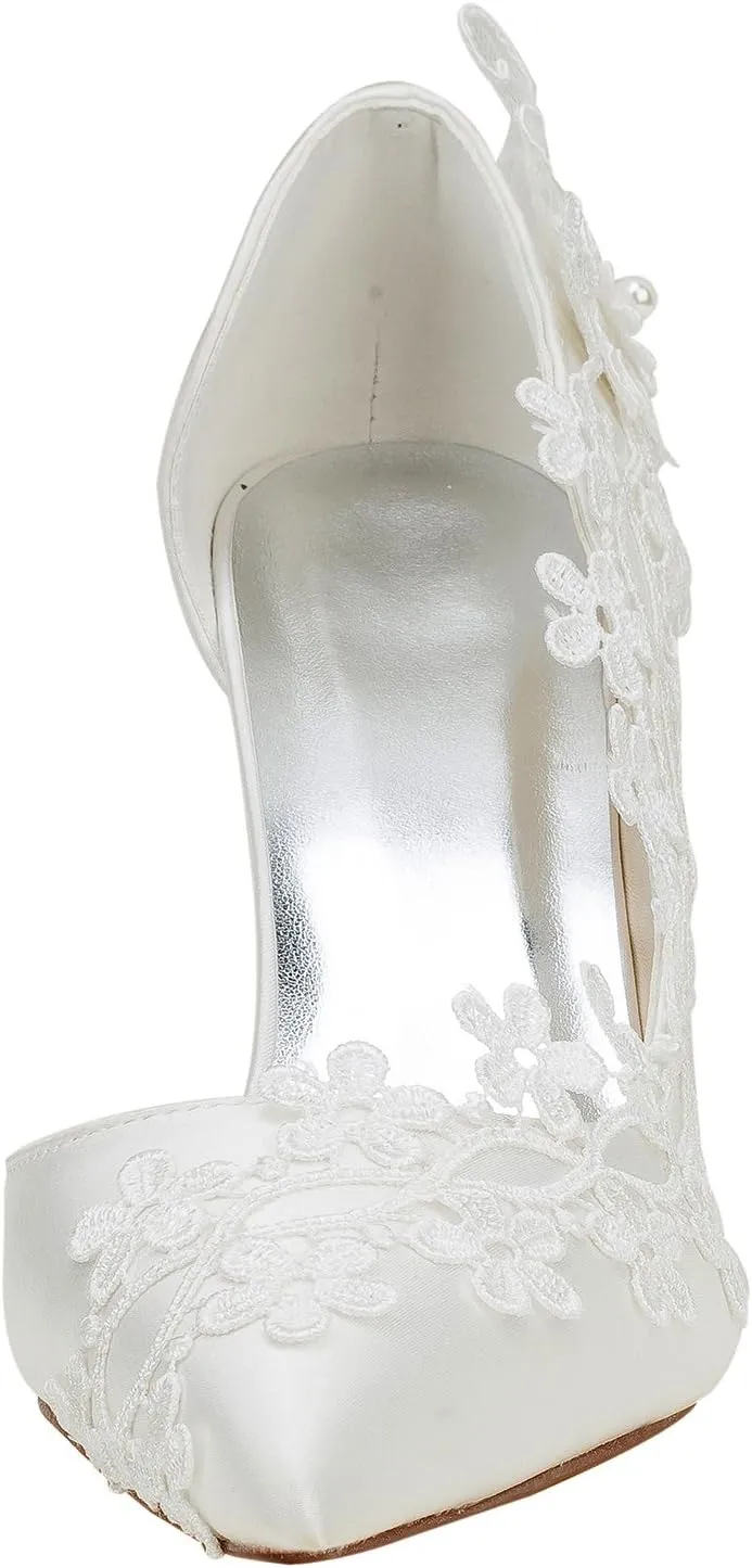 Emily Bridal Ivory Wedding Shoes High Heel Pointed Toe Flowers Beaded Bridal Pumps