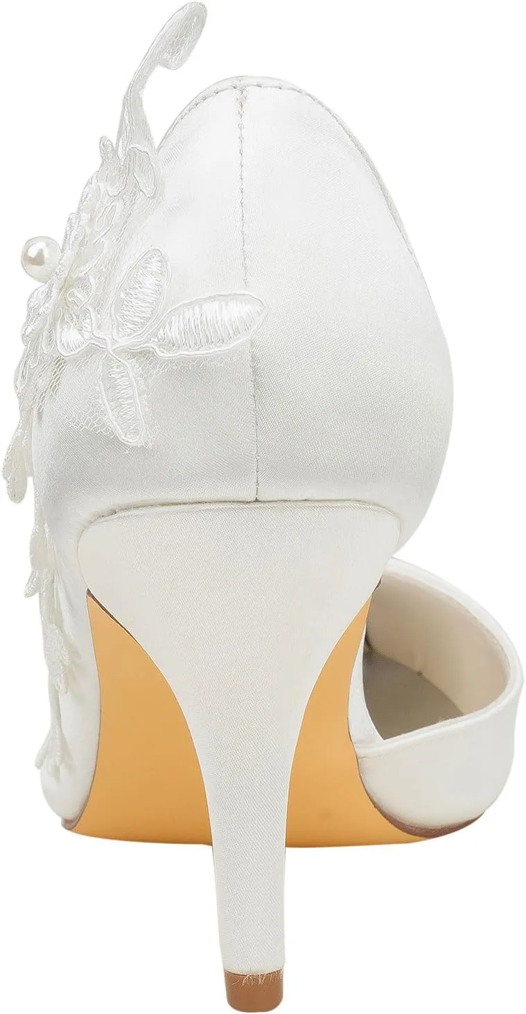 Emily Bridal Ivory Wedding Shoes High Heel Pointed Toe Flowers Beaded Bridal Pumps