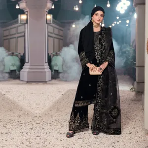 Eminent Women's Velvet Embroidered Unstitched Suit With Embroidered Shawl - Black