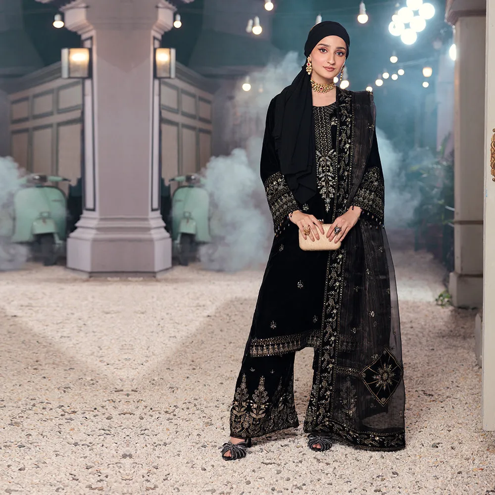 Eminent Women's Velvet Embroidered Unstitched Suit With Embroidered Shawl - Black