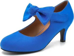 Enelauge Women's Bow Mary Jane Pumps Low Kitten Heels Round Toe Ankle Strap Wedding Office Work Dress Evening Party Shoes