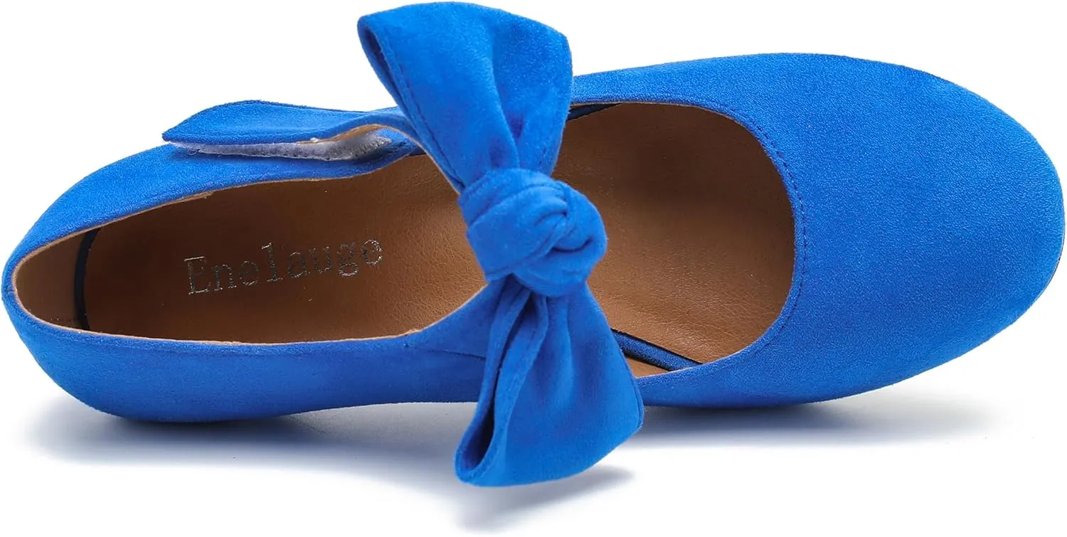 Enelauge Women's Bow Mary Jane Pumps Low Kitten Heels Round Toe Ankle Strap Wedding Office Work Dress Evening Party Shoes