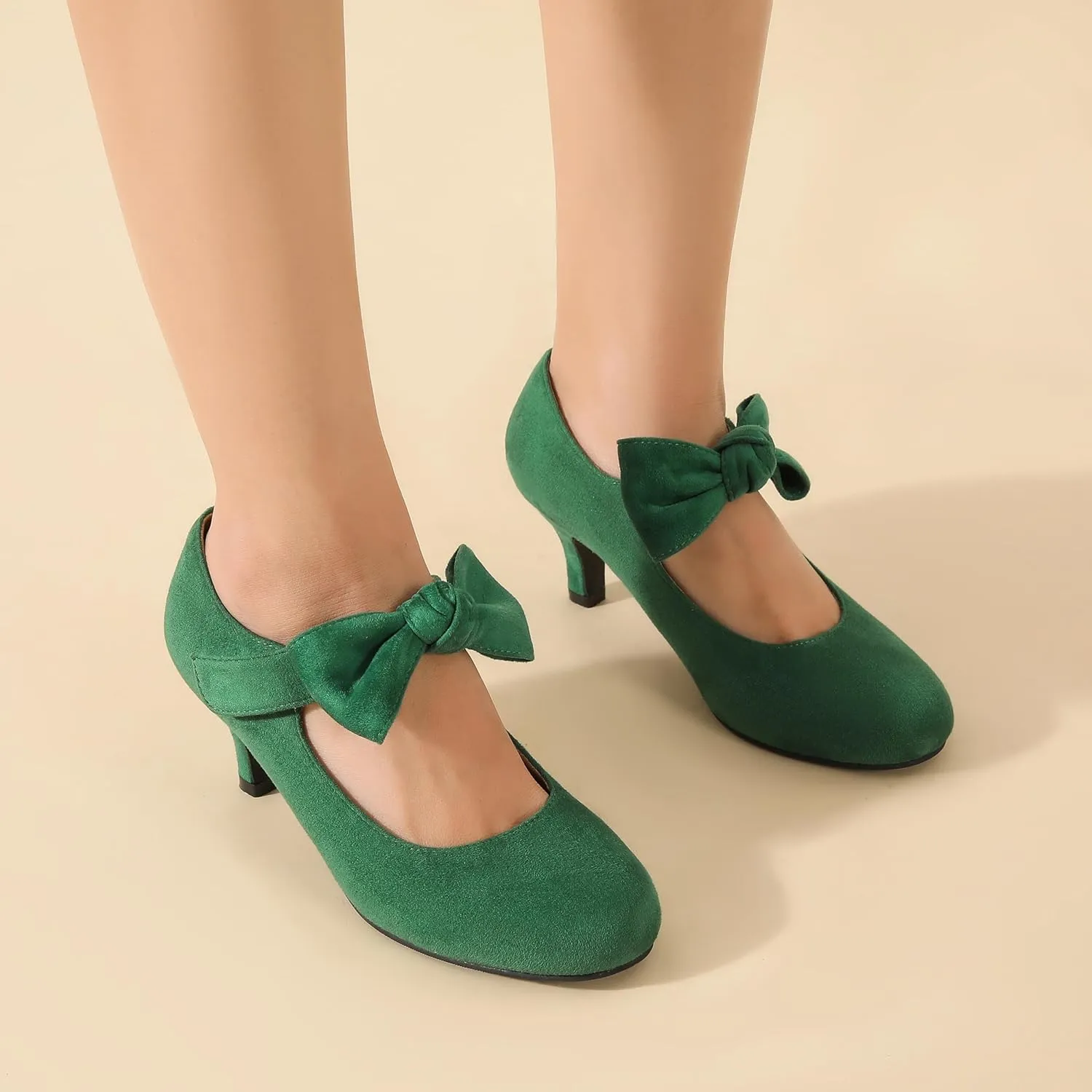 Enelauge Women's Bow Mary Jane Pumps Low Kitten Heels Round Toe Ankle Strap Wedding Office Work Dress Evening Party Shoes