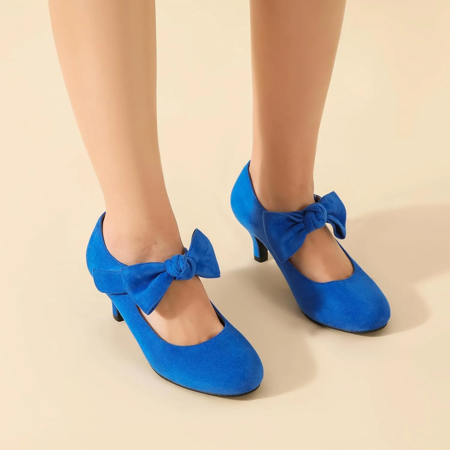 Enelauge Women's Bow Mary Jane Pumps Low Kitten Heels Round Toe Ankle Strap Wedding Office Work Dress Evening Party Shoes